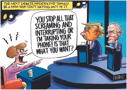 Political Cartoon U.S. Trump Biden debate moderator