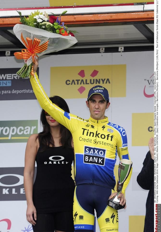 Alberto Contador (Tinkoff-Saxo) on the podium for finishing 2nd overall at the 2014 Volta a Catalunya