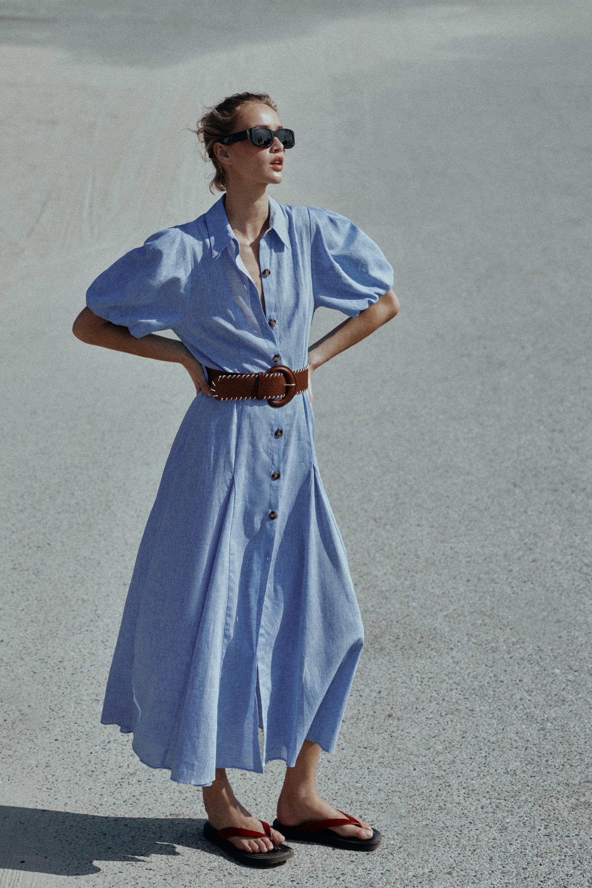 Midi Linen Blend Dress With Belt