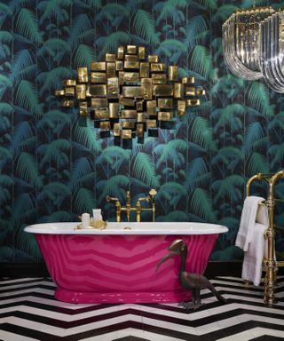 Metallic bathroom trend, bright dark wallpaper