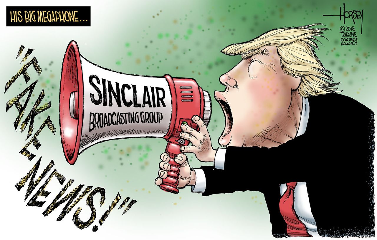 Political cartoon U.S. Trump fake news Sinclair propaganda