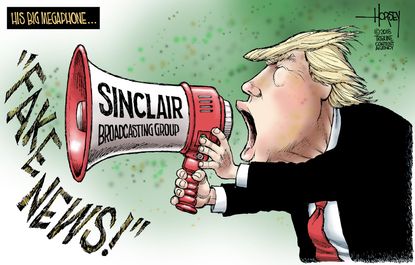 Political cartoon U.S. Trump fake news Sinclair propaganda