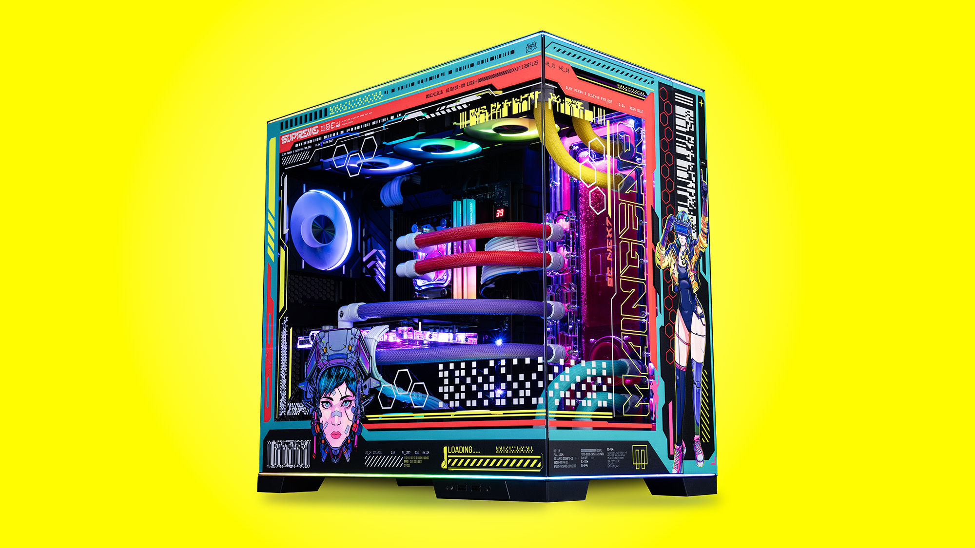 A Maingear Apex Rush Cybergamer gaming PC against a yellow background