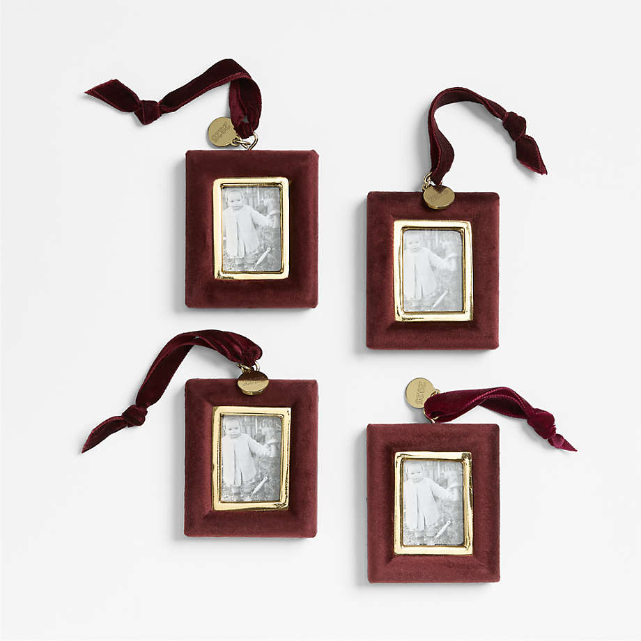 Crate & Barrel, Burgundy Velvet Photo Frame Christmas Tree Ornament, Set of 4