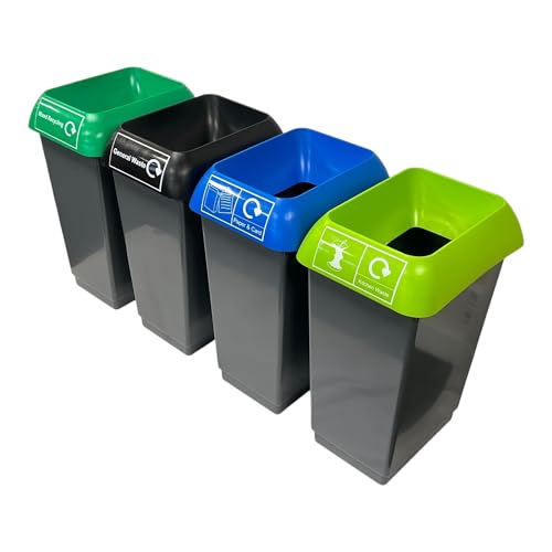Chabrias Ltd Recycling Station 4 Set 50 Litre for Simpler Recycling &amp;ndash; Uk Made 100% Recycled Plastic Colour Coded 4 Waste Streams for Non-Recyclable, Food Waste, Paper, Plastic, Metal &amp;amp; Glass