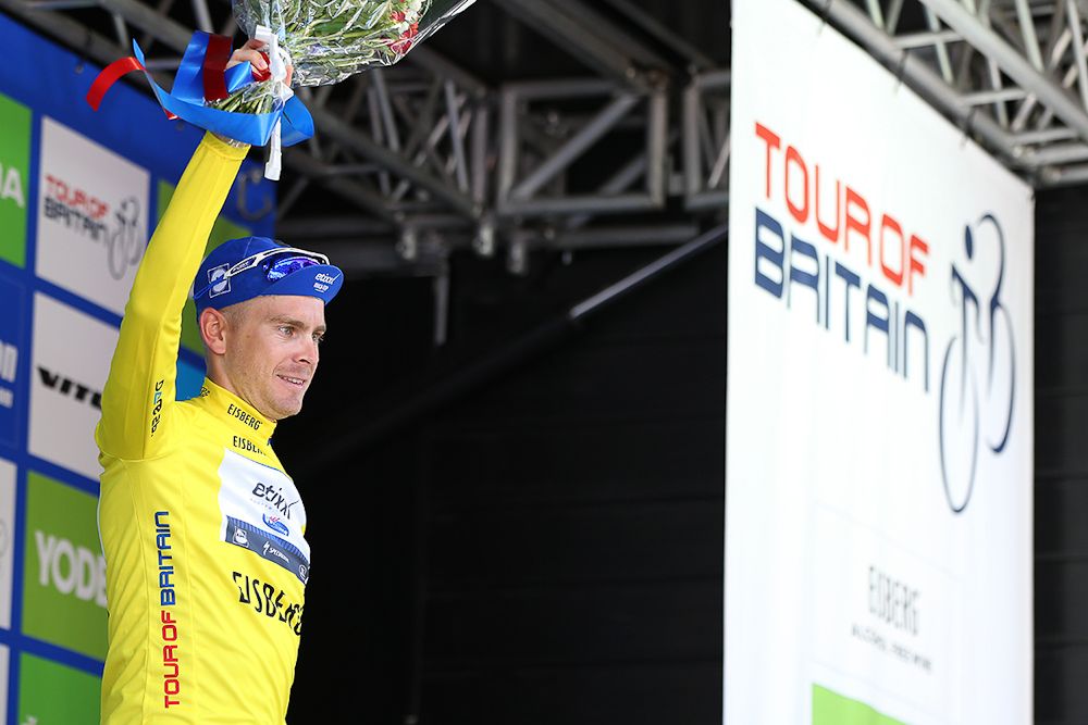 Julien Vermote in yellow after stage 5 at the Tour of Britain.