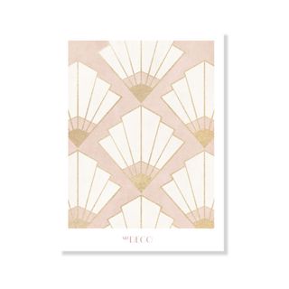A wall art print with a light pink background with white fans with gold ends, and a white border