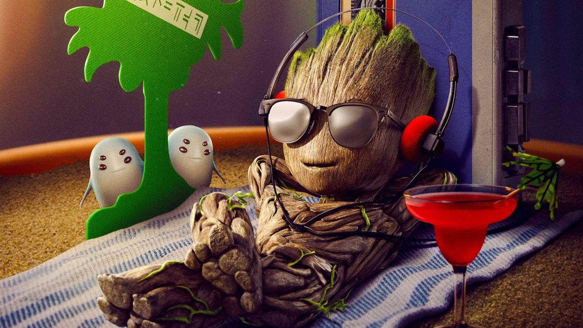 baby groot with sunglasses listening to a walkman