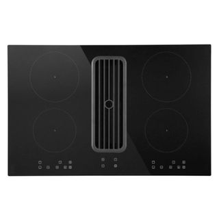 A black glass induction hob with a central extractor fan