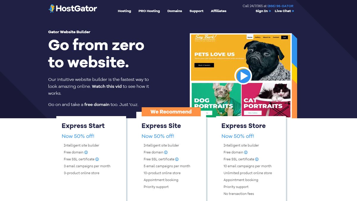 HostGator&#039;s website builder homepage