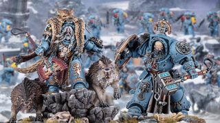 Space Wolves Logan Grimnar and Arjac Rockfist models against a slightly blurred photo of the Space Wolves Army Set