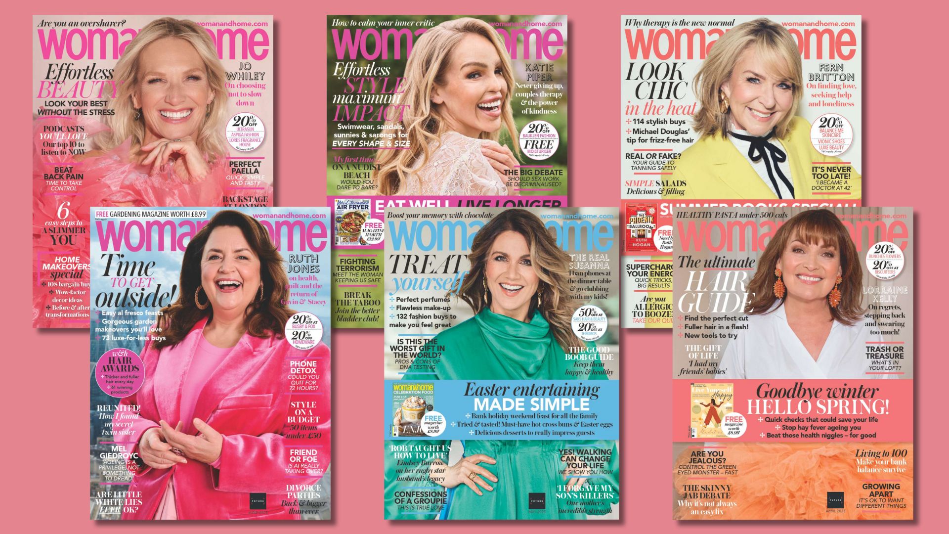 woman&amp;home magazine covers for the Sept-April 2025 issues, featuring Jo Whiley, Katy Piper, Fern Britton, Ruth Jones, Susanna Reid, and Lorraine Kelly