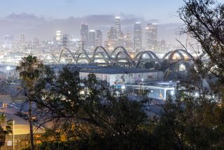 Sixth Street Viaduct in Los Angeles seen across the city in the night