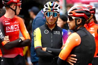 Ineos Grenadiers' Colombian rider Egan Bernal (C) smiles before the 7th stage of the 108th Giro d'Italia cycling race 168kms from Castel di Sangro to Tagliacozzo on May 16, 2025. (Photo by Luca Bettini / AFP)