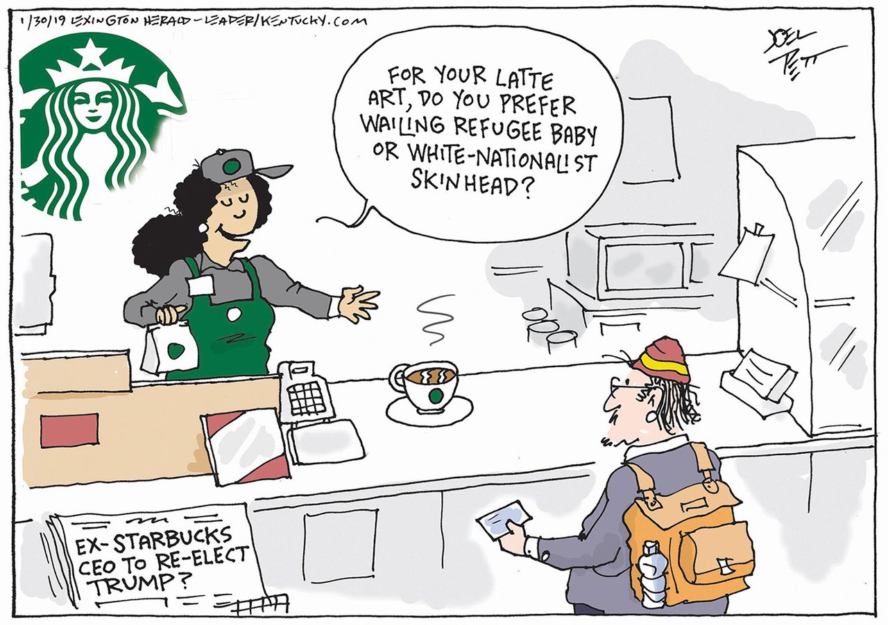 Political Cartoon U.S. Howard Schultz Starbucks Latte Art