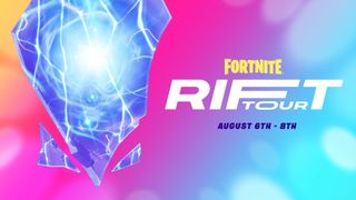 A shard from the Rift next to words saying "Fortnite Rift Tour" on a rainbow background