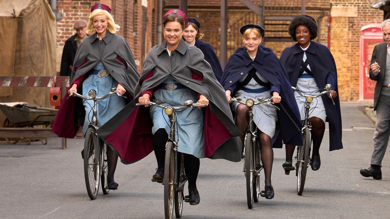 Trixie Franklin (HELEN GEORGE), Nancy Corrigan (MEGAN CUSAK), Rosalind Clifford (NATALIE QUARRY) and Joyce Highland (RENEE BAILEY) cycling in Call the Midwife