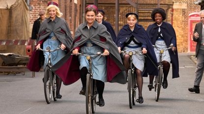 Trixie Franklin (HELEN GEORGE), Nancy Corrigan (MEGAN CUSAK), Rosalind Clifford (NATALIE QUARRY) and Joyce Highland (RENEE BAILEY) cycling in Call the Midwife