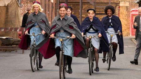 Trixie Franklin (HELEN GEORGE), Nancy Corrigan (MEGAN CUSACK), Rosalind Clifford (NATALIE QUARRY) and Joyce Highland (RENEE BAILEY) cycling in Call the Midwife