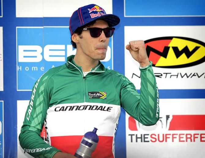 Italian 'cross champion Marco Aurelio Fontana on the podium at the 2013 round of the UCI Cyclo-cross World Cup in Rome, Italy