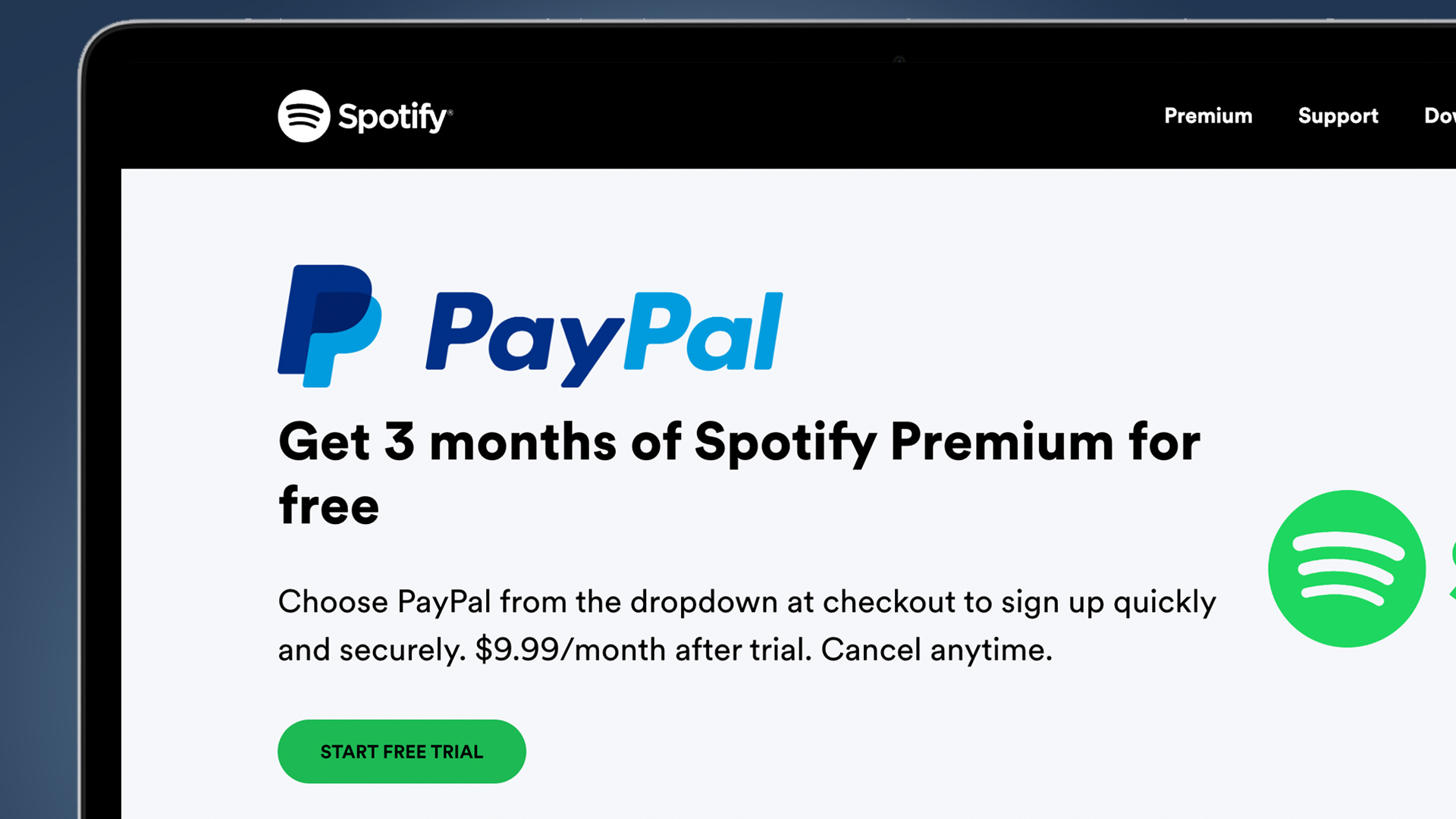 A laptop screen showing a Spotify free trial subscription