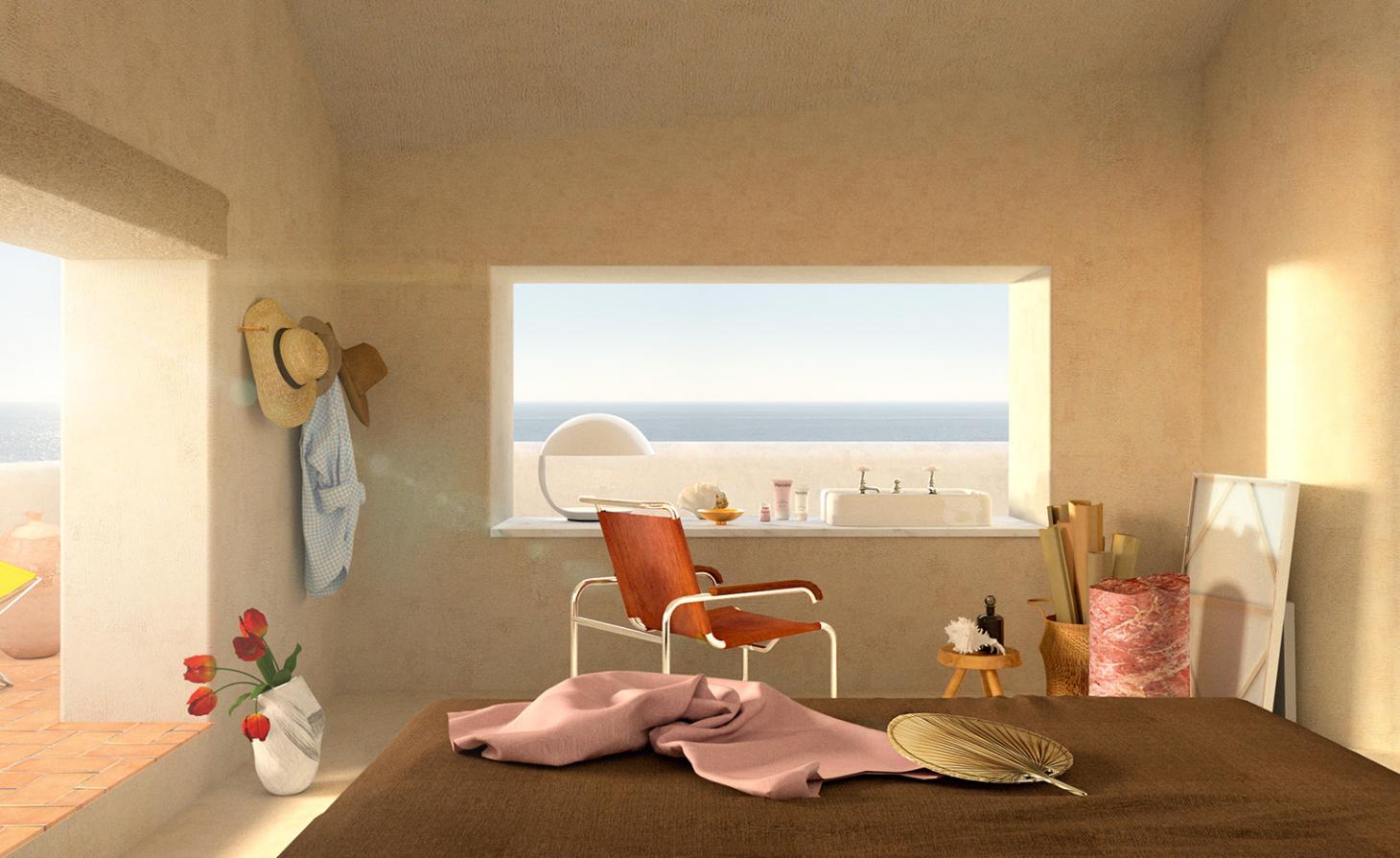 Bathroom with counter sink, wooden chair & table, large doorway onto patio and large window with ocean view.