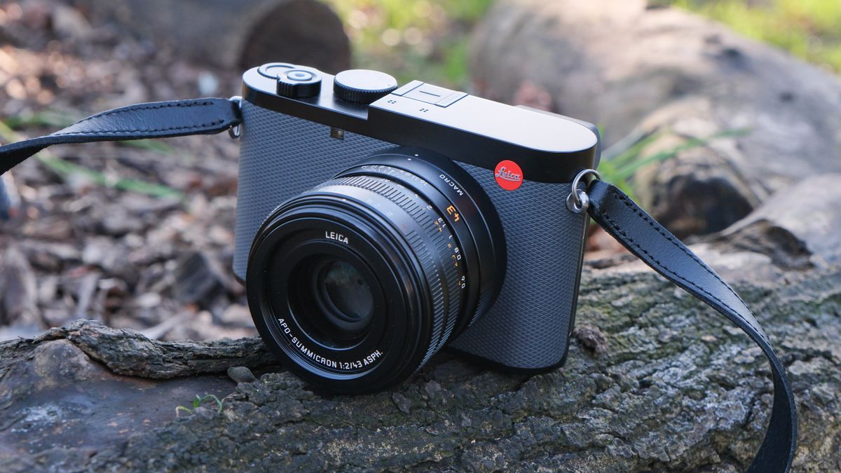 Leica Q3 43 camera sitting on a wooden log