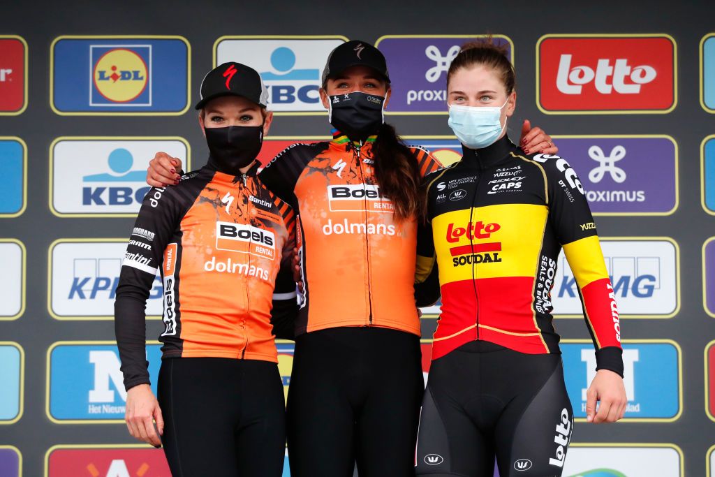 OUDENAARDE BELGIUM OCTOBER 18 Podium Amy Pieters of The Netherlands and Boels Dolmans Cycling Team Chantal Van Den Broek Blaak of The Netherlands and Boels Dolmans Cycling Team Lotte Kopecky of Belgium and Team Lotto Soudal Ladies Celebration Mask Covid safety measures during the 17th Tour of Flanders 2020 Ronde van Vlaanderen Women Elite a 1356km stage from Oudenaarde to Oudenaarde RVV20 FlandersClassic on October 18 2020 in Oudenaarde Belgium Photo by Bas CzerwinskiGetty Images