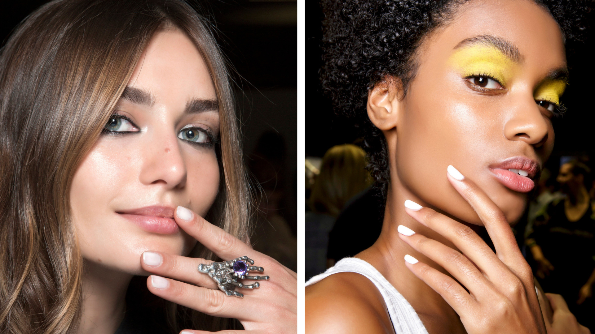 Two models with their hands laid against the cheeks showing off their milky white nail polishes. 
