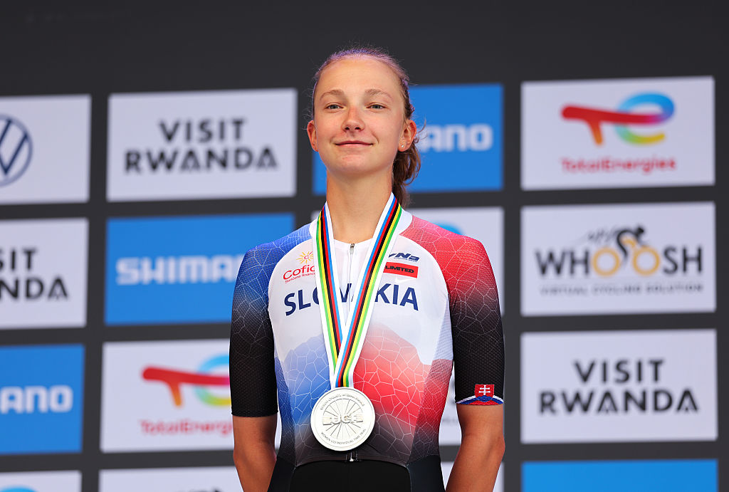 KIGALI, RWANDA - SEPTEMBER 21: Silver medalist, Viktoria Chladonova of Slovakia celebrates winning during the medal ceremony after the 98th UCI Cycling World Championships Kigali 2025 - Women Under 23 Individual Time Trial a 22.6km race from Kigali to Kigali on September 22, 2025 in Kigali, Rwanda. (Photo by Alex Whitehead - Pool/Getty Images)