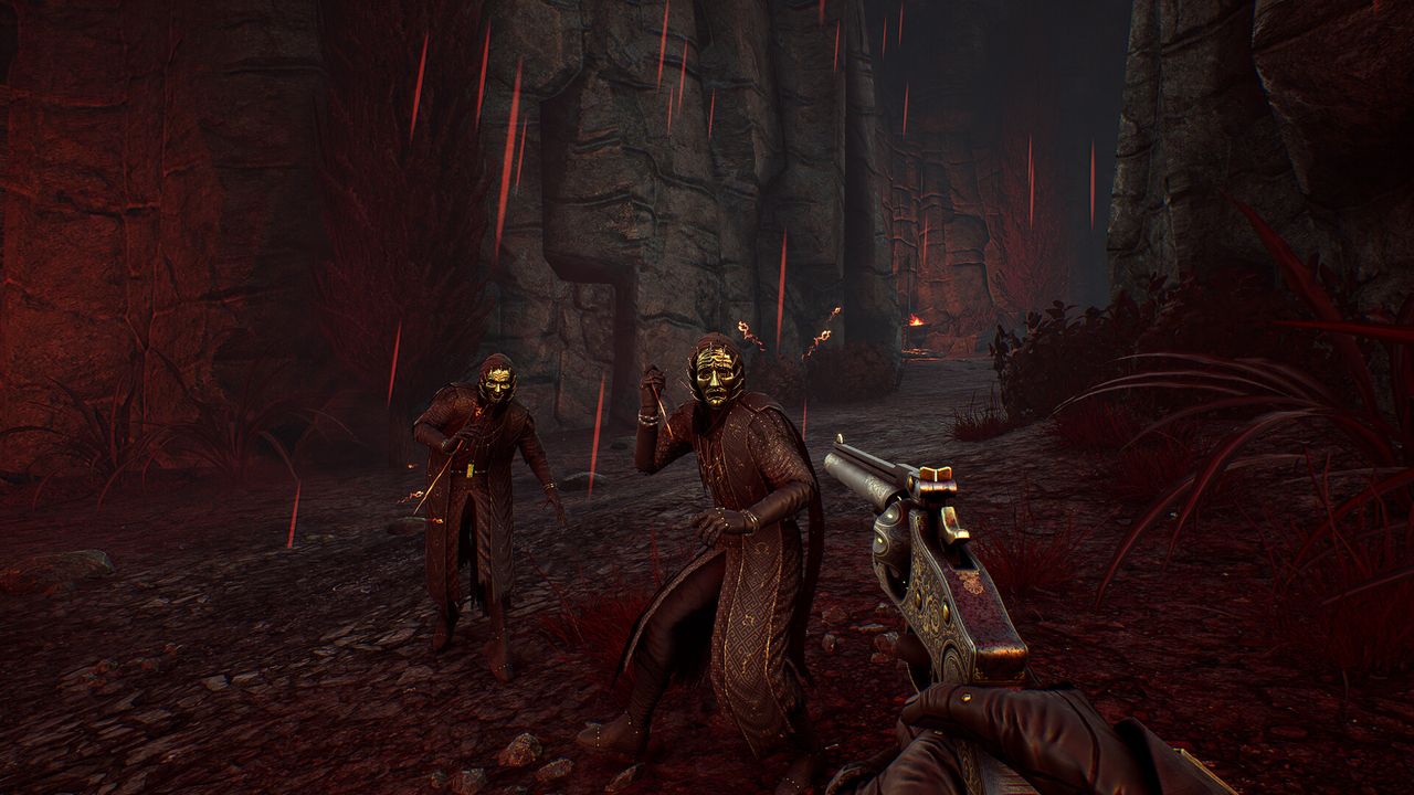 aiming revolver at masked cultist amid rain of blood