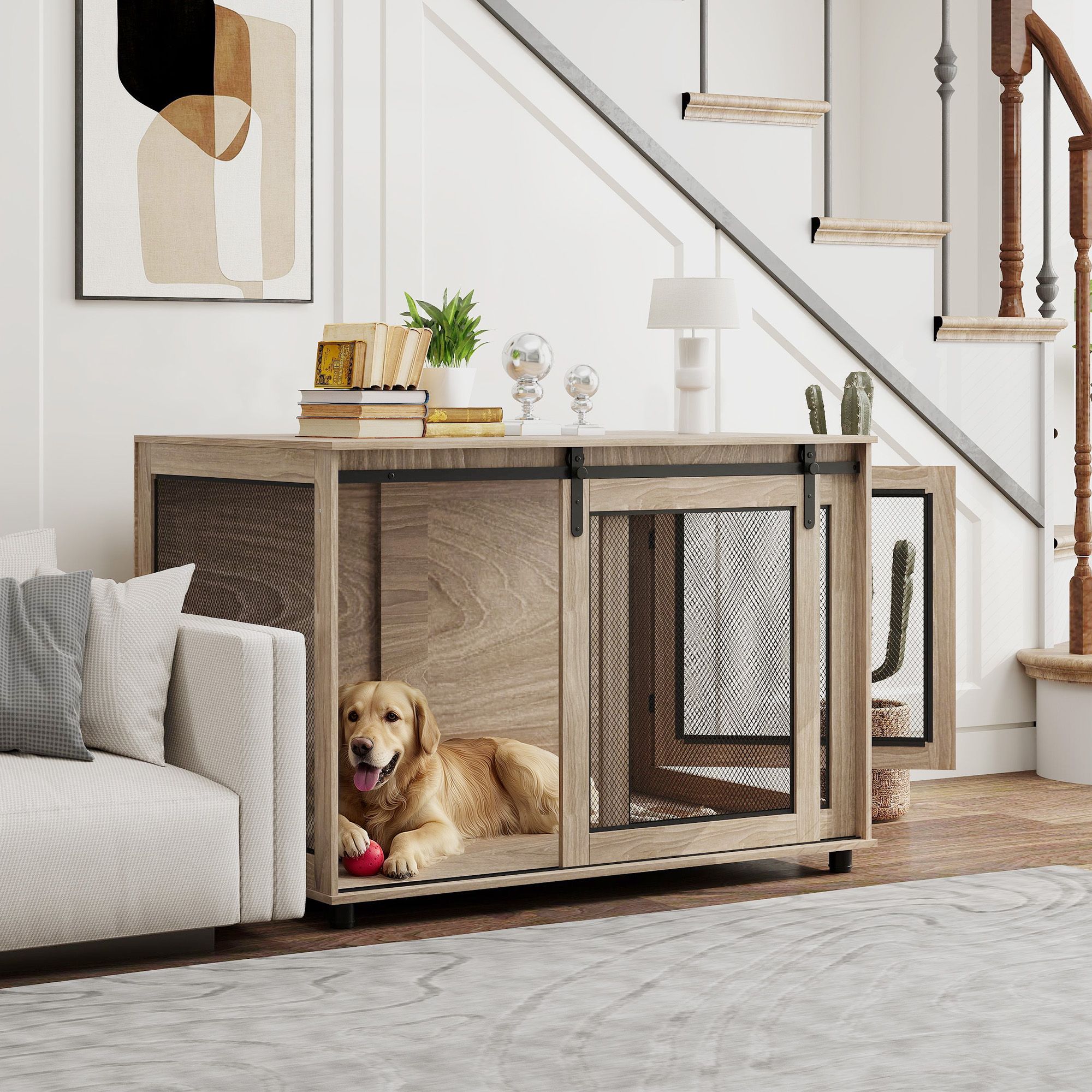 Pawhut Dog Crate Furniture W/ Sliding Door, 118 X 75.5 X 82cm, Walnut Brown