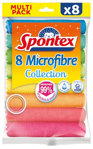 Spontex Microfibre Cloths for Cleaning | 8 Microfibre Collection Cleaning Cloths | for Use as Dusters, Dish Cloths &amp;amp; Kitchen Towels | 30 X 30cm | Assorted Colours | 8 Count