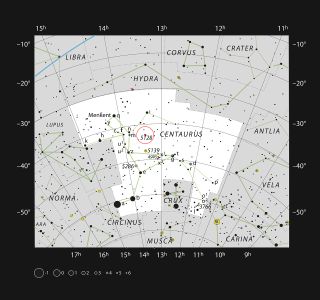 This sky map pinpoints the peculiar galaxy Centaurus A (NGC 5128) in the constellation of Centaurus (The Centaur)