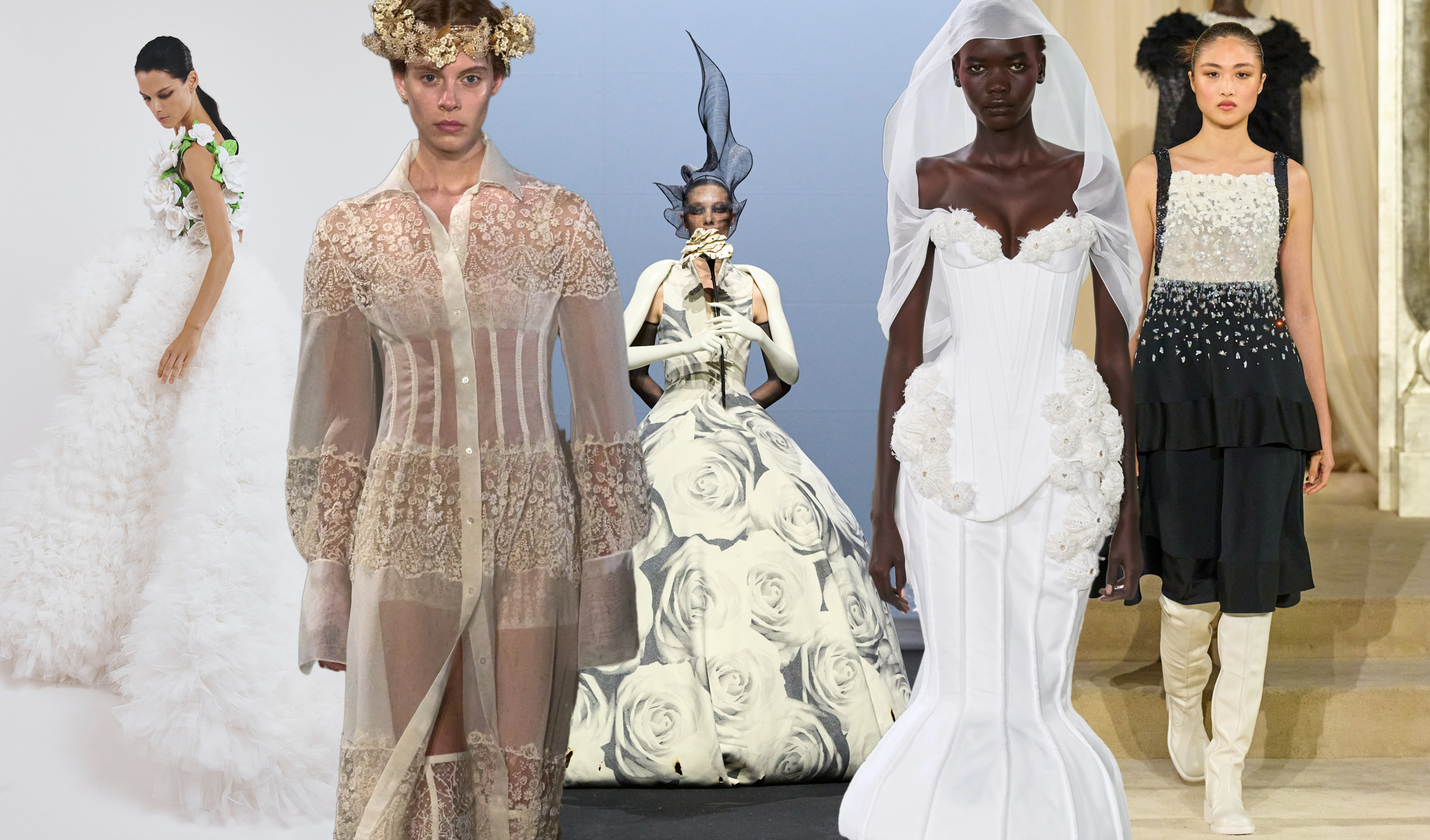 fall 2025 couture trend of minimal white flowers