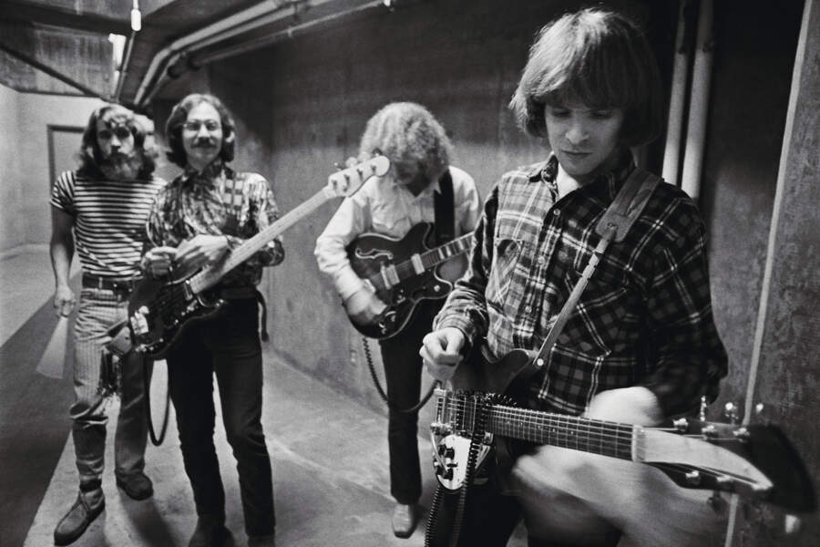 Rock group Creedence Clearwater Revival plays during a recording session for their album 'Pendulum' at the Wally Heider Studios on September 15, 1970 in San Francisco, California.