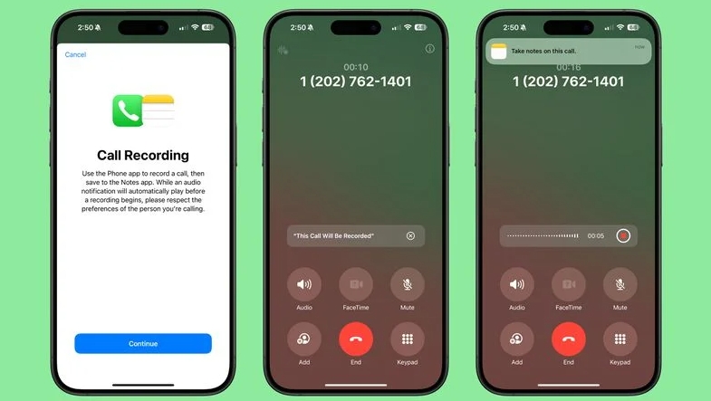 Screens showing call recording on iOS 18.1