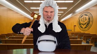 A mock judge about to smash a Meta Quest 2 with a gavel