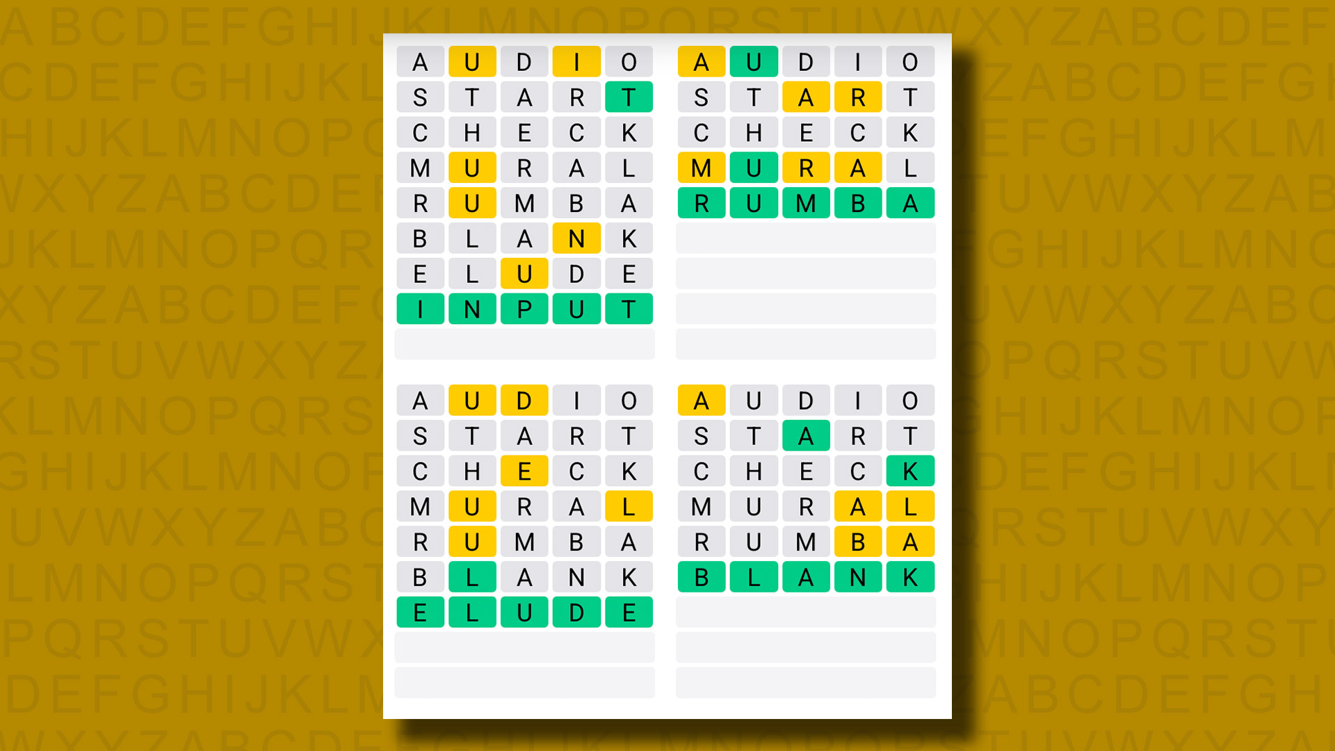 Quordle Antworten für Spiel 1147 auf gelben Hintergrund