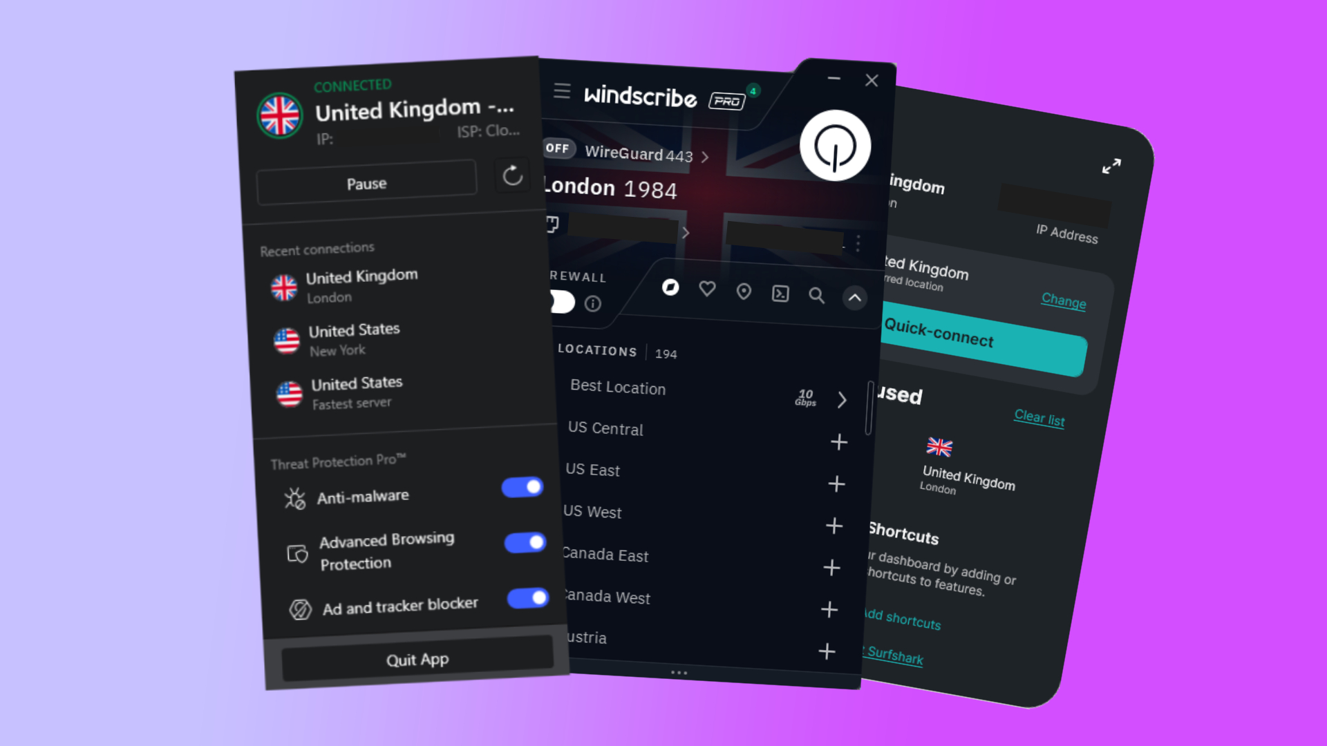 Screenshots of NordVPN, Windscribe, and Surfshark VPN windows overlapping on top of a pink and purple background.