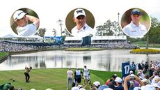 Xander Schauffele at the top of his backswing, with multiple players in circles