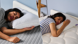 Woman sleeping on the Beckham Hotel Collection on the left and the Purple GridCloud on the right