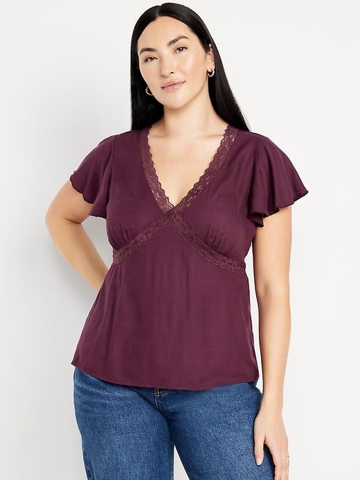 Lace-Trim V-Neck Crepe Top