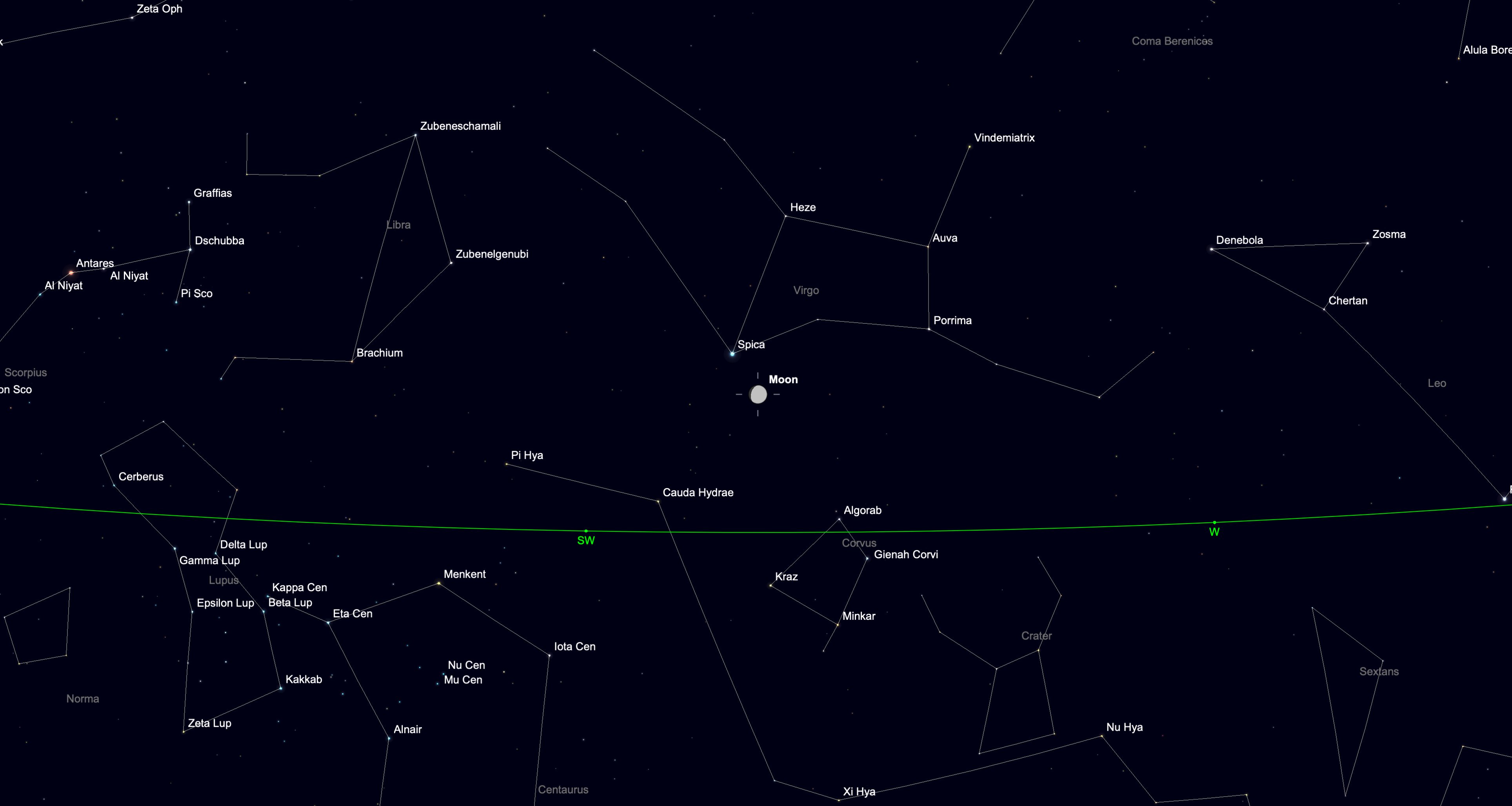 The moon sits close to Spica, the brightest star in Virgo, in the late-night sky.