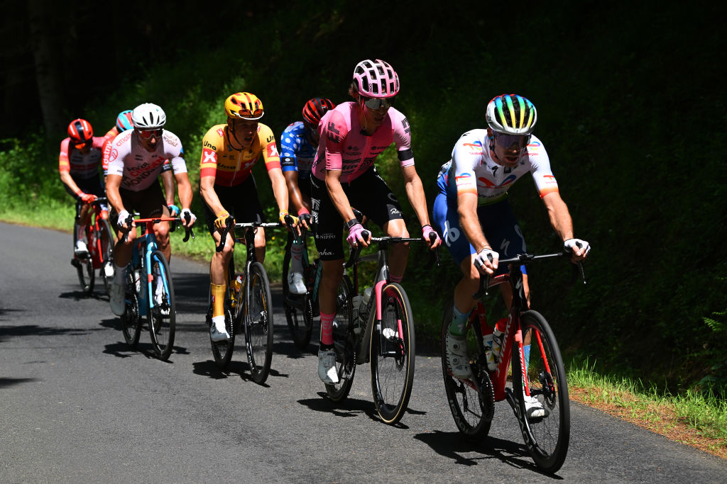 LA CHAISEDIEU FRANCE JUNE 05 LR Andrea Piccolo of Italy and Team EF EducationEasyPost and Pierre Latour of France and Team TotalEnergiescompete in the breakaway during the 75th Criterium du Dauphine 2023 Stage 2 a 1673km stage from BrassaclesMines to La ChaiseDieu 1080m UCIWT on June 05 2023 in La ChaiseDieu France Photo by Dario BelingheriGetty Images