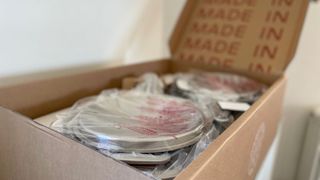 The box that the Made In 10-piece Stainless Steel Pan Set comes in