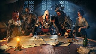 The main cast of Assassin's Creed Black Flag Resynced standing at a table in the captain's quarters of the Jackdaw