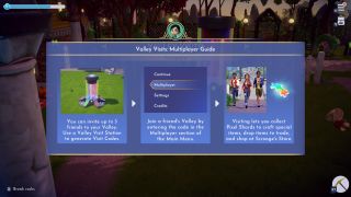 Disney Dreamlight Valley - a popup screen explains how to access multiplayer by generating a code at a Valley Visit station and entering it in the main menu