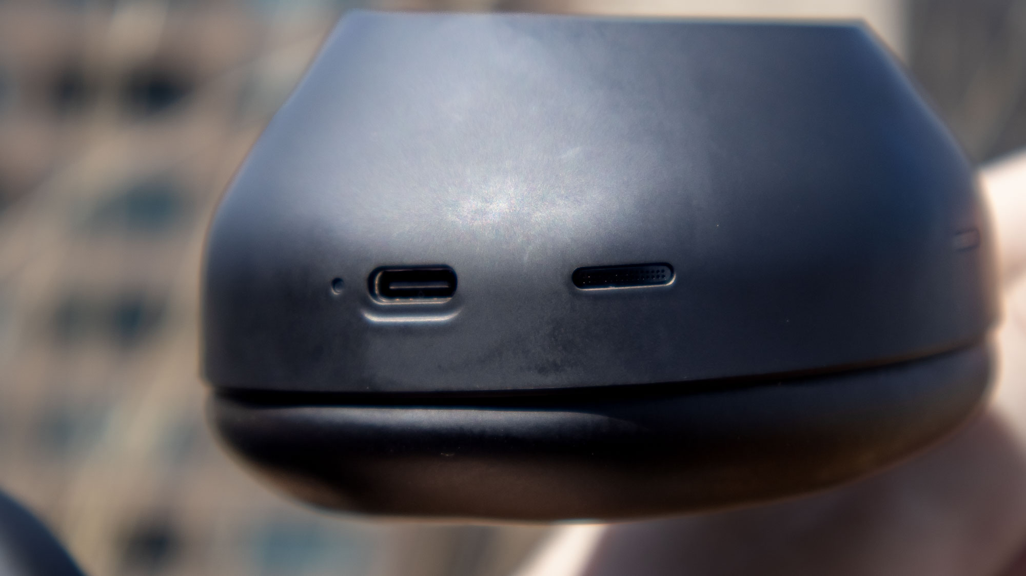 USB-c charging port on black Sony WH-1000XM6 noise-cancelling headphones