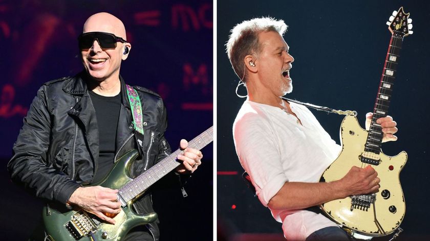 Left-Joe Satriani performs on the G3 Reunion Tour 2024 at Fox Theater on February 03, 2024 in Oakland, California; Right-Eddie Van Halen of Van Halen performs at Music Midtown at Piedmont Park on September 19, 2015 in Atlanta, Georgia. (Photo by )